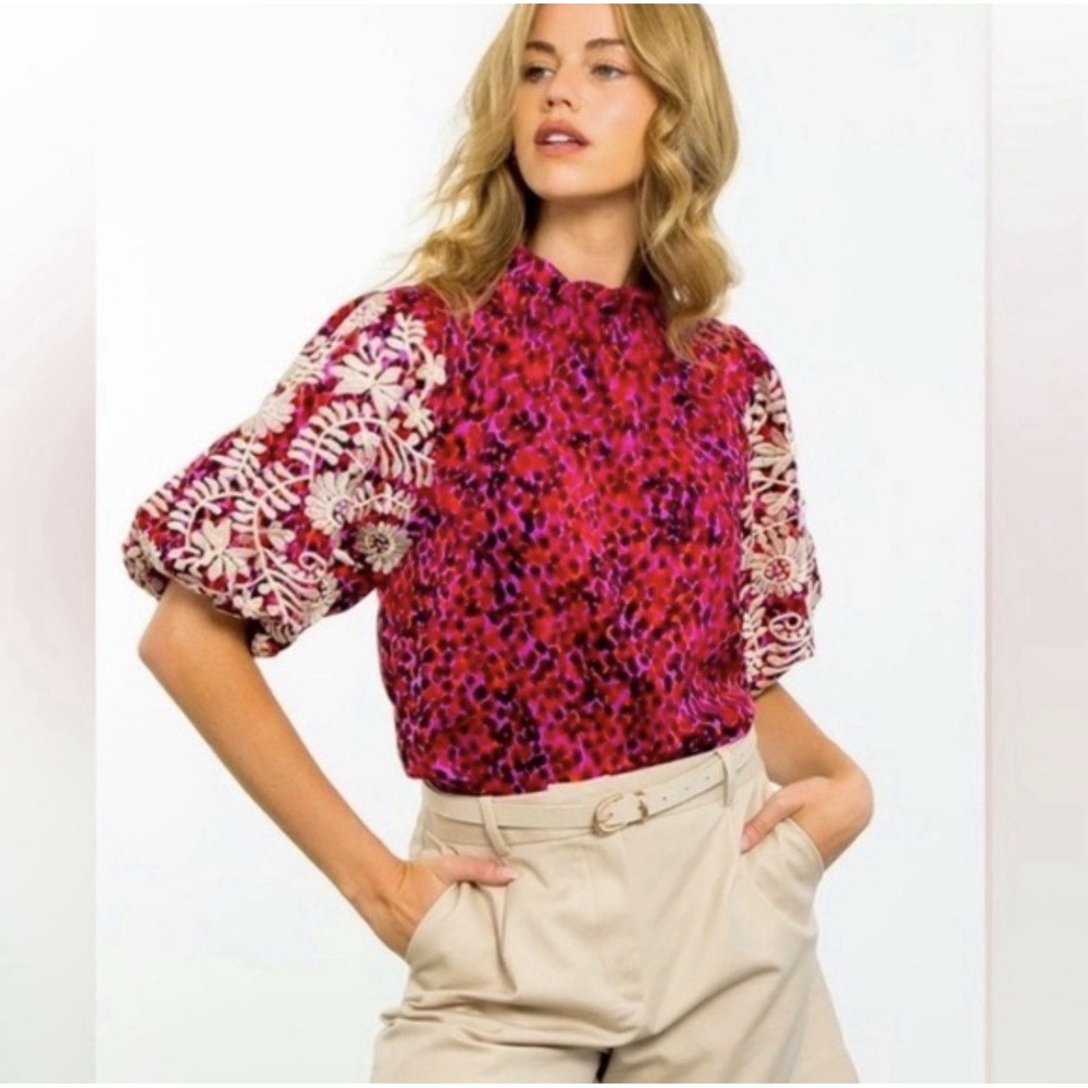 THML Embroidered Puff Sleeve Top Size M Pink Animal Print Maximalist Bright Boho